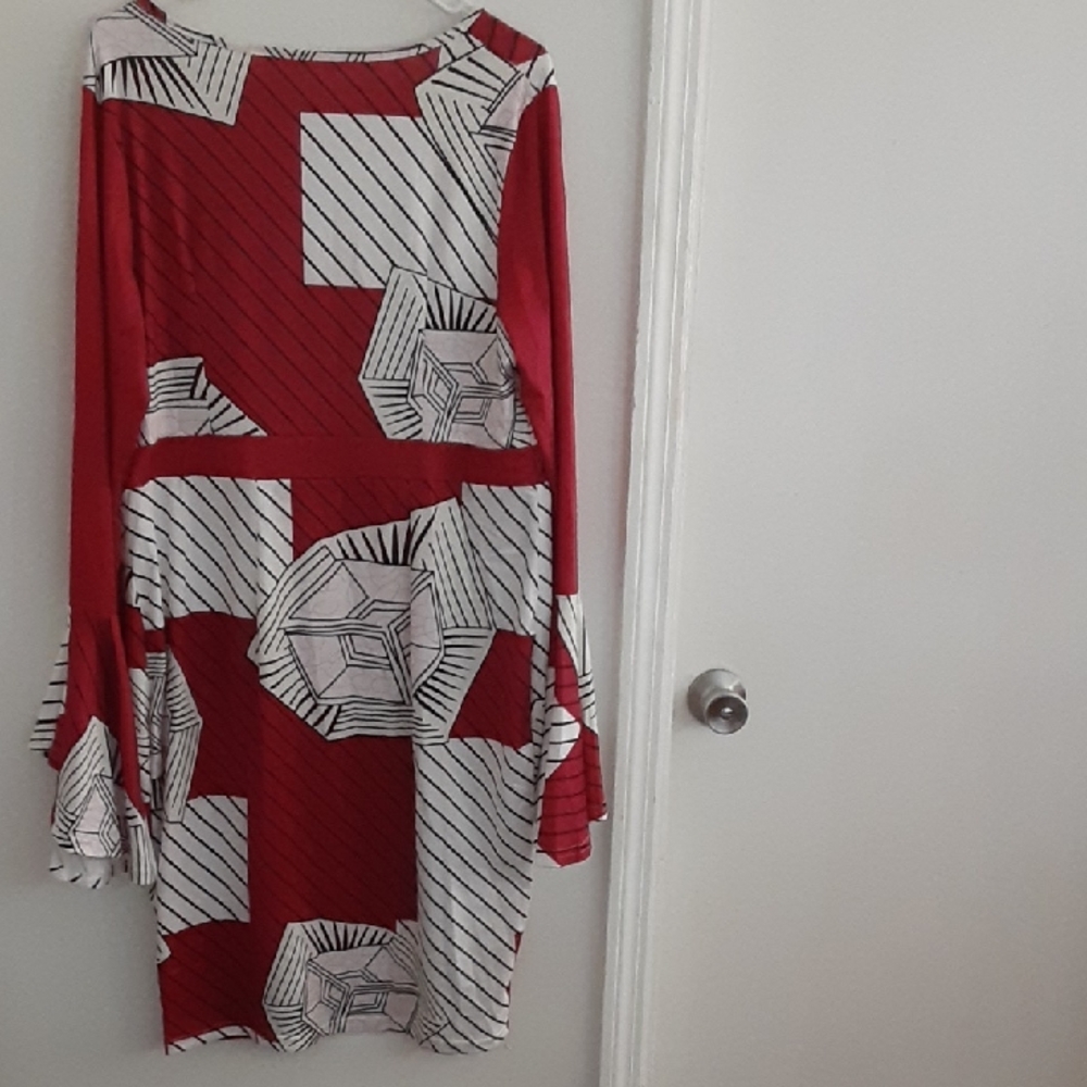 MICHI Red and White Geometric Midi Dress